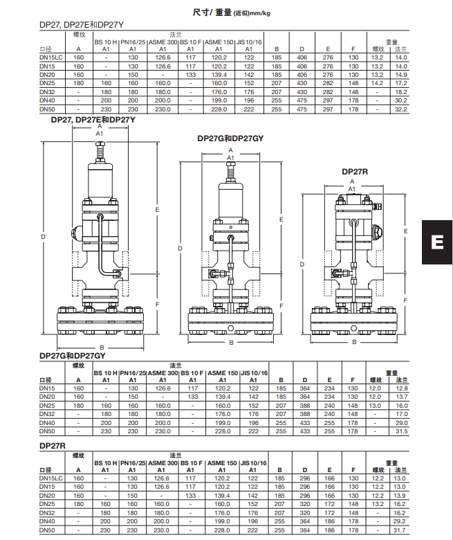 DP27，DP27E，DP27Y减压阀尺寸，重量