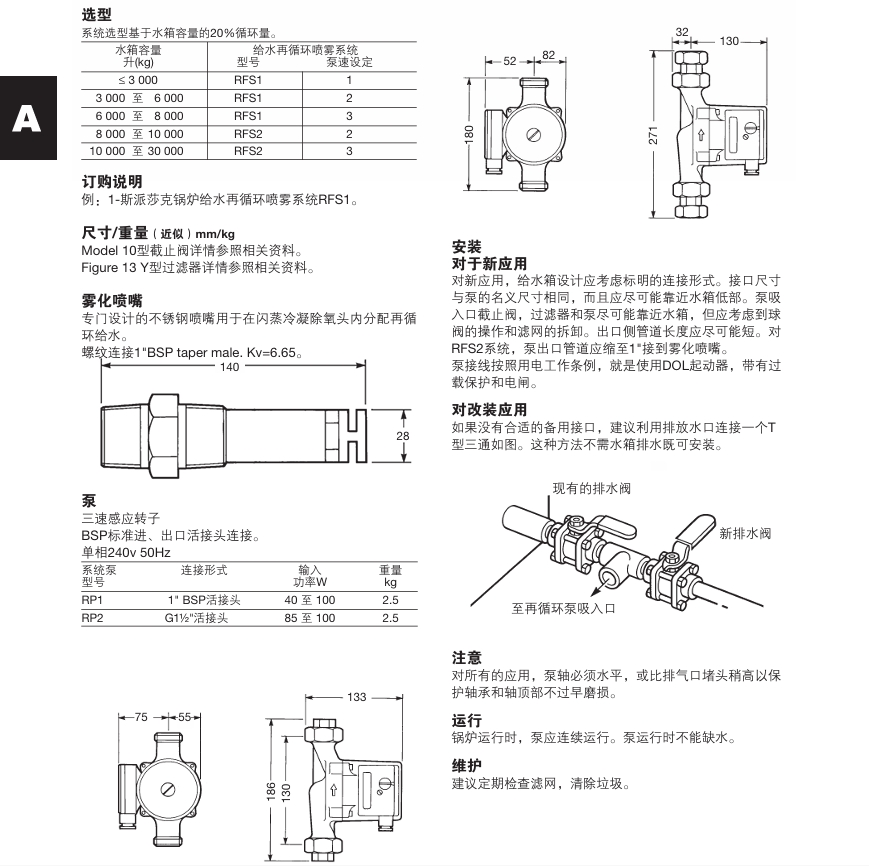 棋牌平台RFS1和RFS2型 锅炉给水再循环喷雾系统选型，尺寸